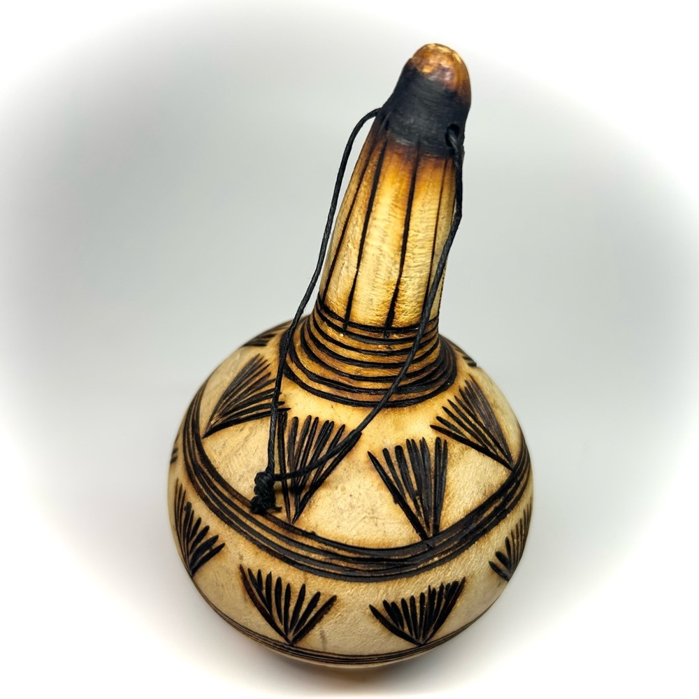African Tribal Gourd Shaker Burned Design Hanging Decor Christmas Tree Ornament